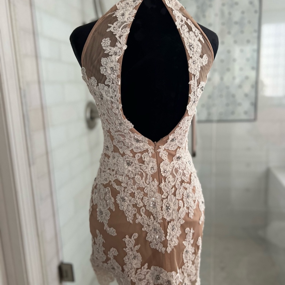 Sherri Hill Nude and Ivory Backless Lace Appliqué Dress - Picture 6 of 7